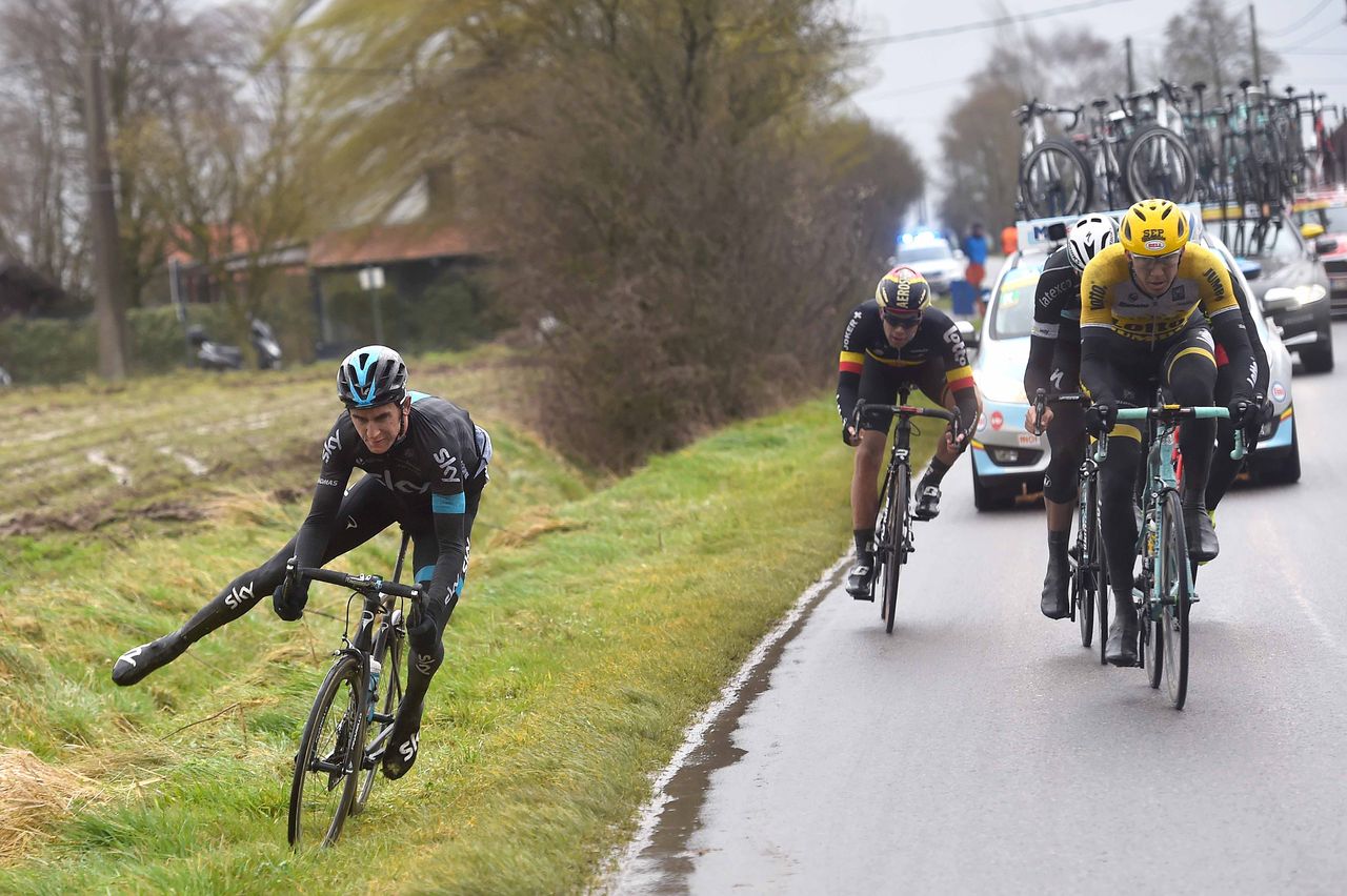 Geraint Thomas (Team Sky) just seconds before being blown off his bike