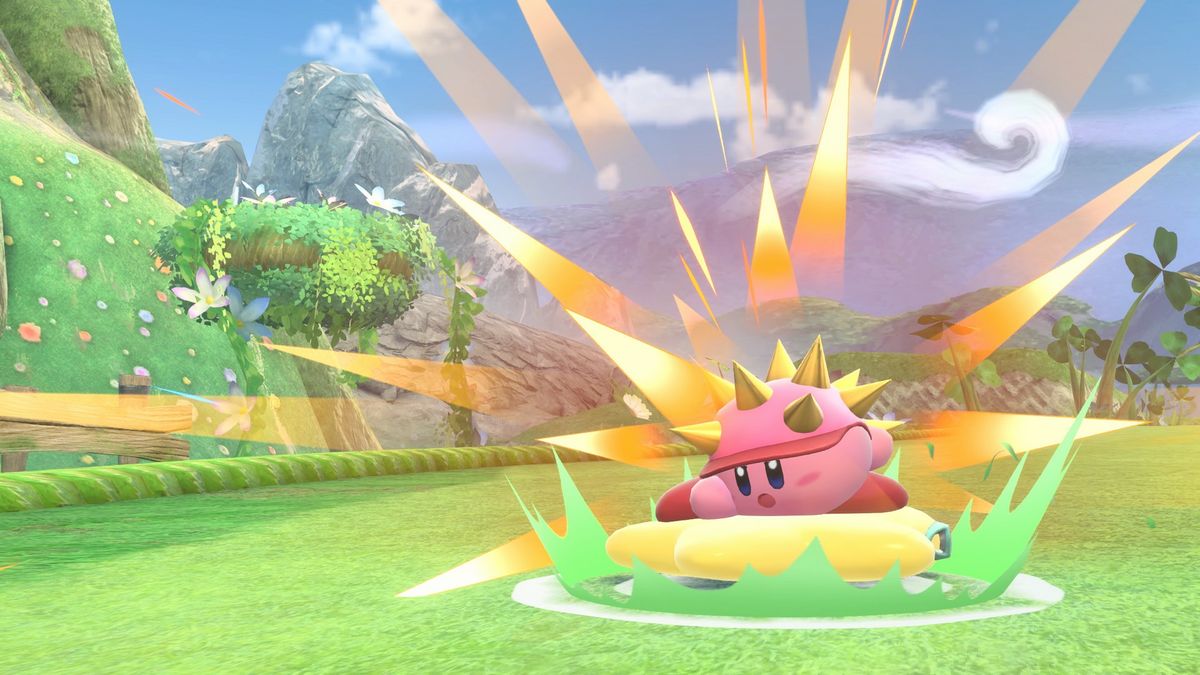 Kirby uses a spike head copy ability in Kirby Air Riders