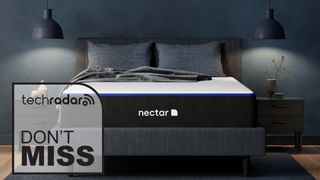 A Nectar memory foam mattress in a bedroom, in the corner is.a TechRadar deals graphic