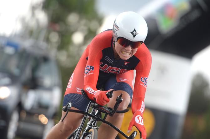 Evelyn Stevens (USA) gets back into her aero tuck