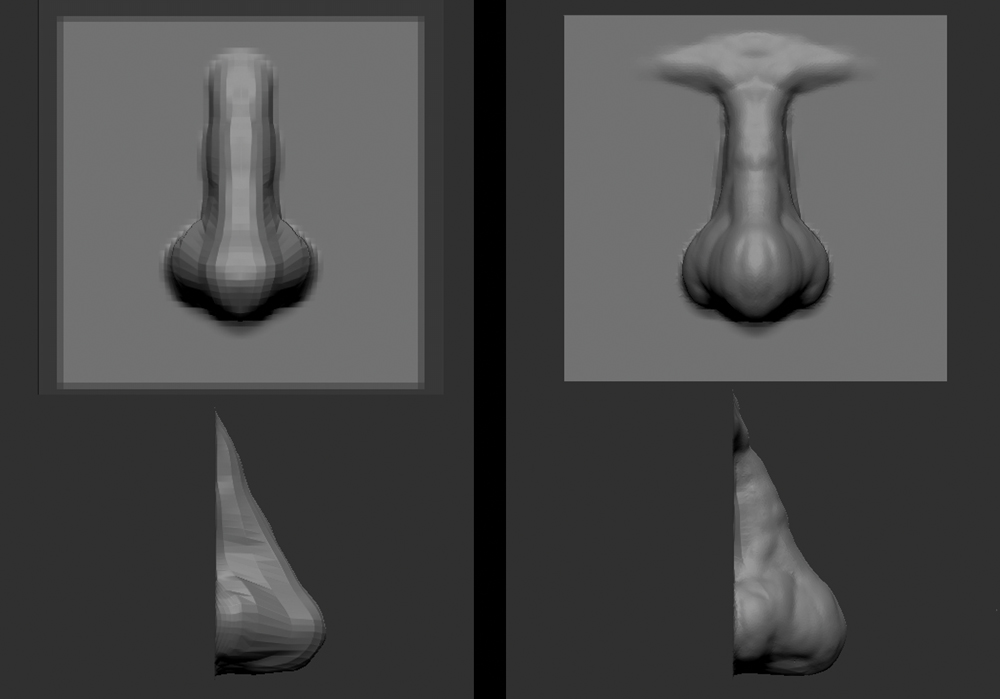 Screenshot of ZBrush interface with four different shapes