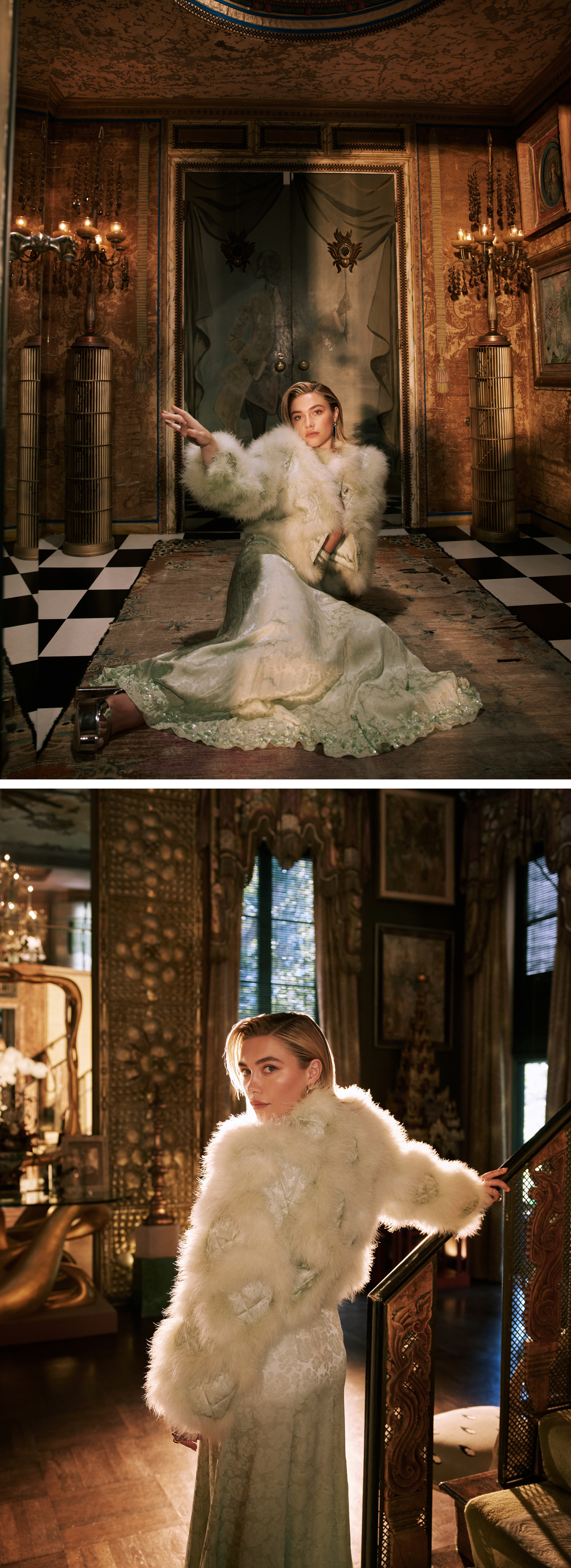 Top image: Florence Pugh sitting in the entry of the Tony Duquette house wearing a a mint green Chanel coat with fur detailing and a mint green skirt. Bottom image: Florence Pugh standing in the living room of the Tony Duquette house. She is looking back at the camera wearing a mint green Chanel jacket with furry detailing and a mint green skirt.