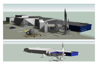Architectural concept for the expansion (at top) of the Stafford Air & Space Museum, compared to its current facility (at bottom).