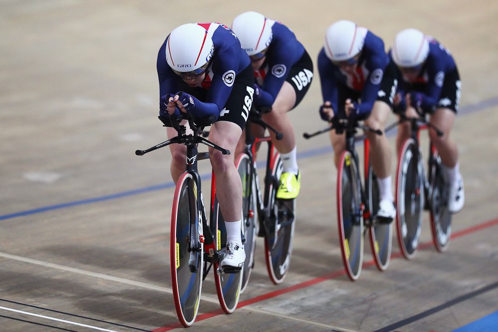 Jennifer Valente, Christina Birch, Kimberly Geist and Emma White of the USA compete in the Women's team pursuit qualifying on day one of the UCI Track Cycling World Championships