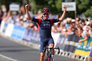 BUNINYONG AUSTRALIA JANUARY 16 Lucas Plapp of Australia celebrates at finish line as race winner during the Australian Cycling National Championships 2022 Mens Elite Road Race a 1856km race from Buninyong to Buninyong AusCyclingAus on January 16 2022 in Buninyong Australia Photo by Con ChronisGetty Images