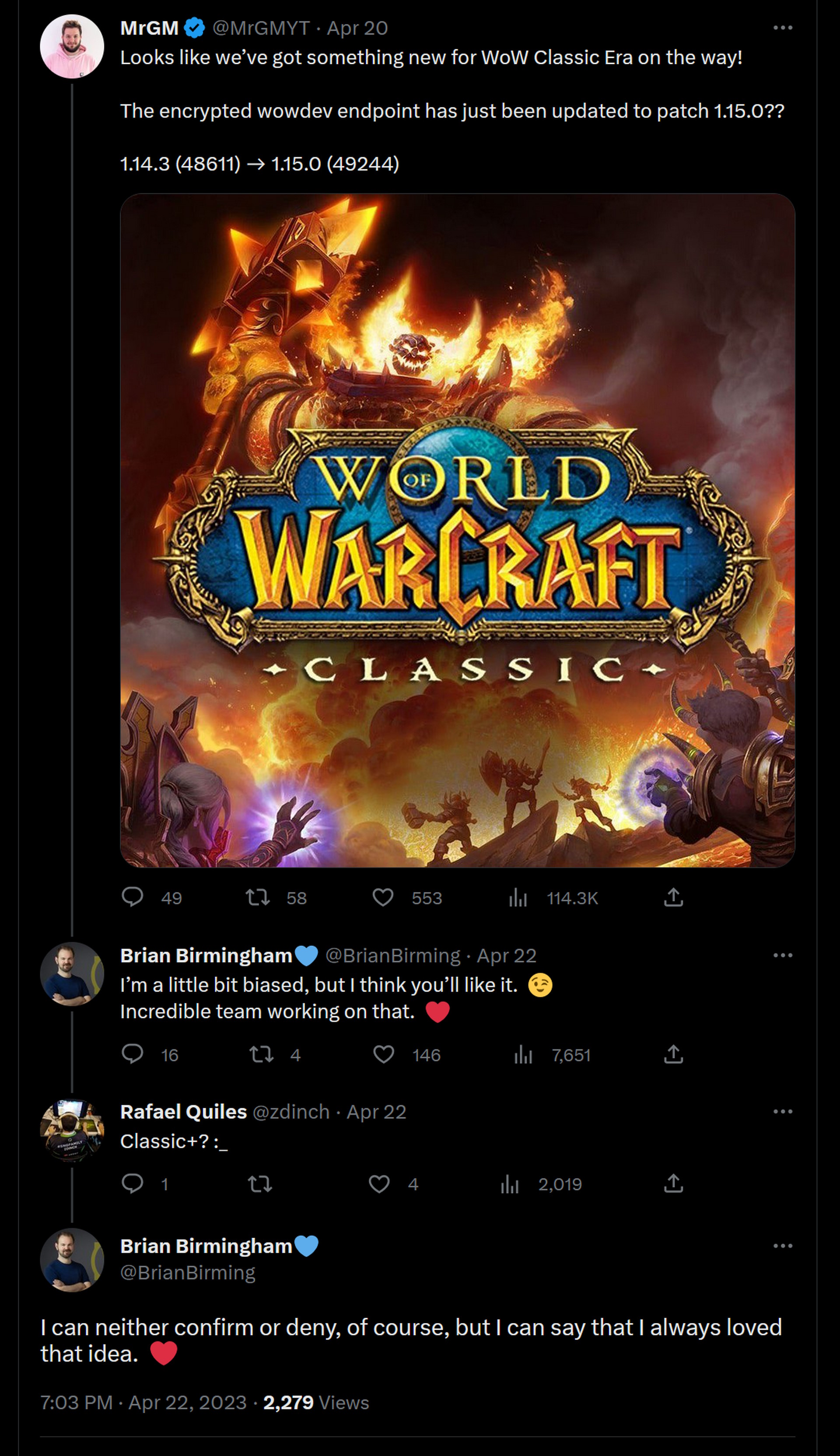 MrGM ve Brian Birmingham, World of Warcraft Classic hakkında tweet attı