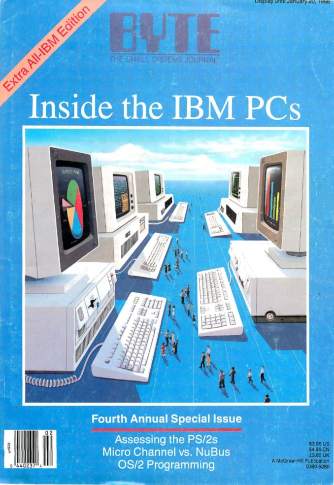 Byte cover showing people wandering between towering PCs as if they were buildings.