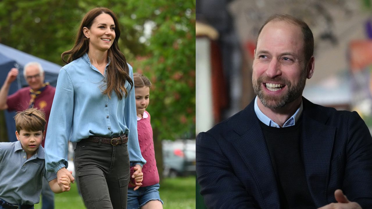 Kate Middleton holding hadns with Prince Louis and Princess Charlotte next to a photo of Prince William laughing