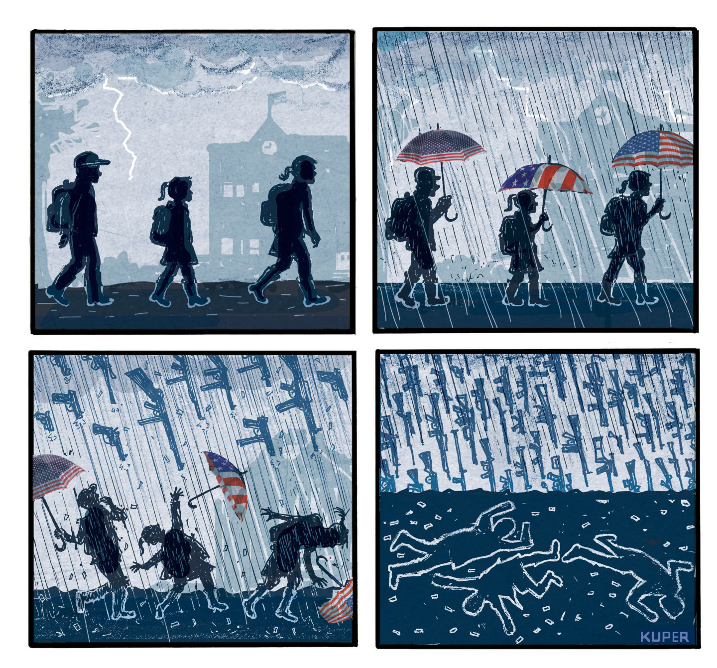 This is a wordless four-panel cartoon drawn with dark colors. It depicts children walking to school on a cloudy day. It begins to rain and the children carry umbrellas that resemble the American flag. The rain gradually changes to guns falling from the sky until the children are overwhelmed and become chalk outlines of bodies on the ground.