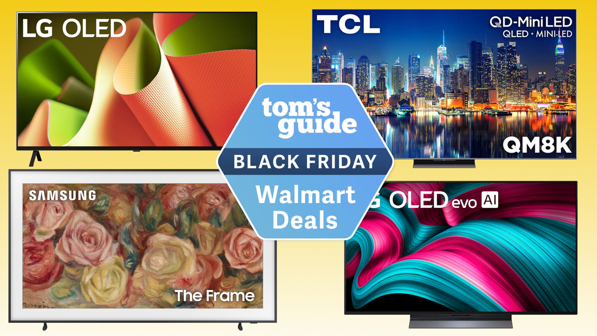 Several TVs from LG, Samsung and TCL arranged in to quadrants