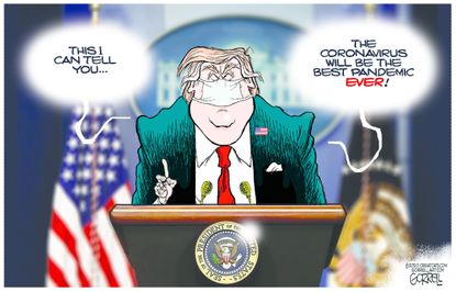 Political Cartoon U.S. Trump Coronavirus HHS CDC press briefing pandemic