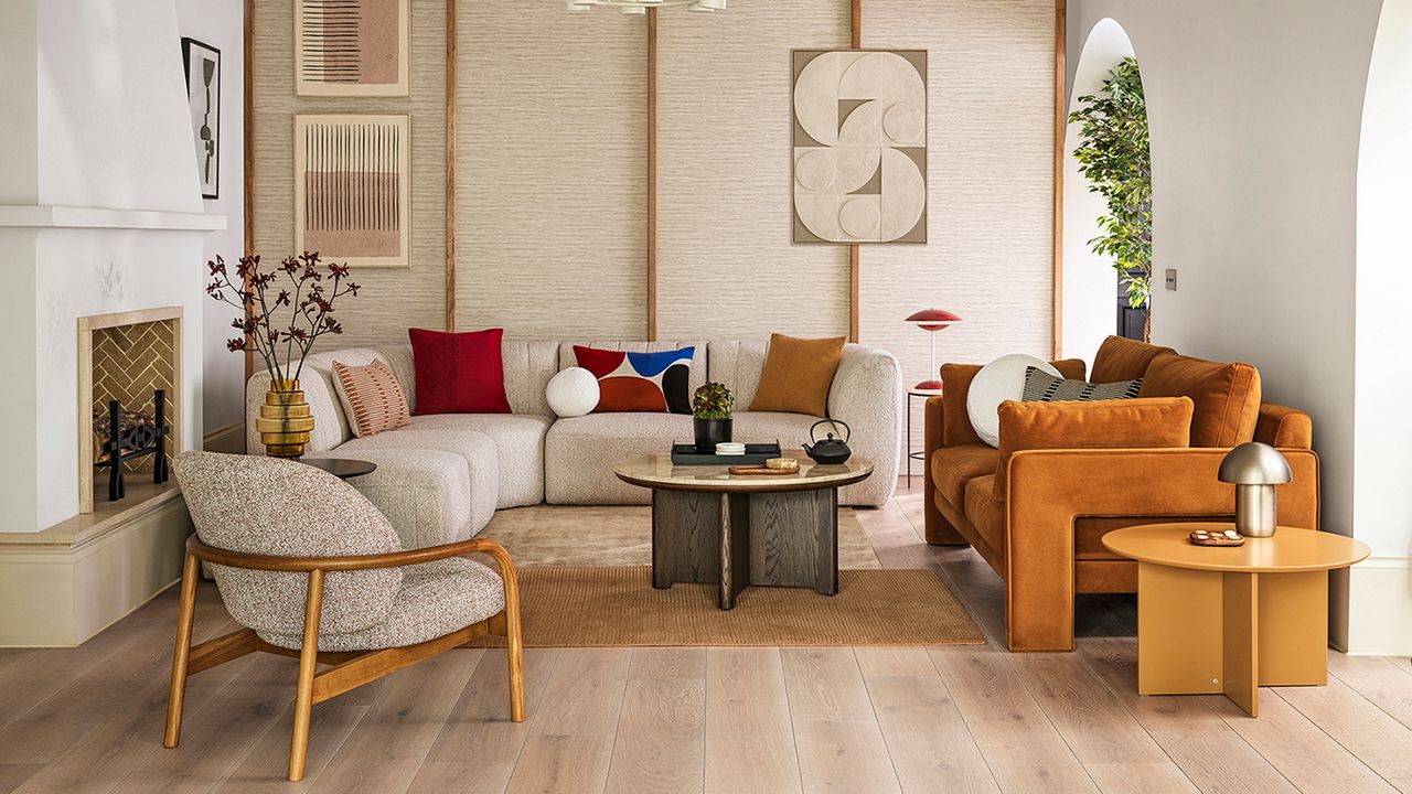 Modern neutral living room with pale wood floor, cream furniture and a caramel velvet sofa