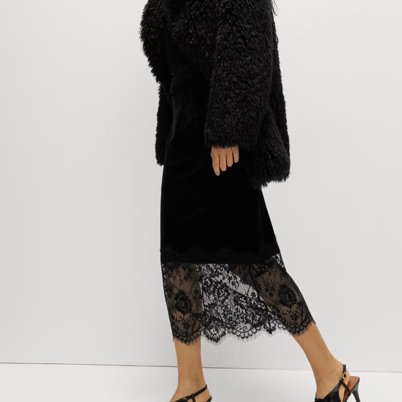 Velvet Lace Detail Midi Pencil Skirt on model