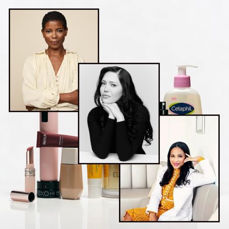 a collage of beauty products shot on a white background with three headshots of women in the foreground