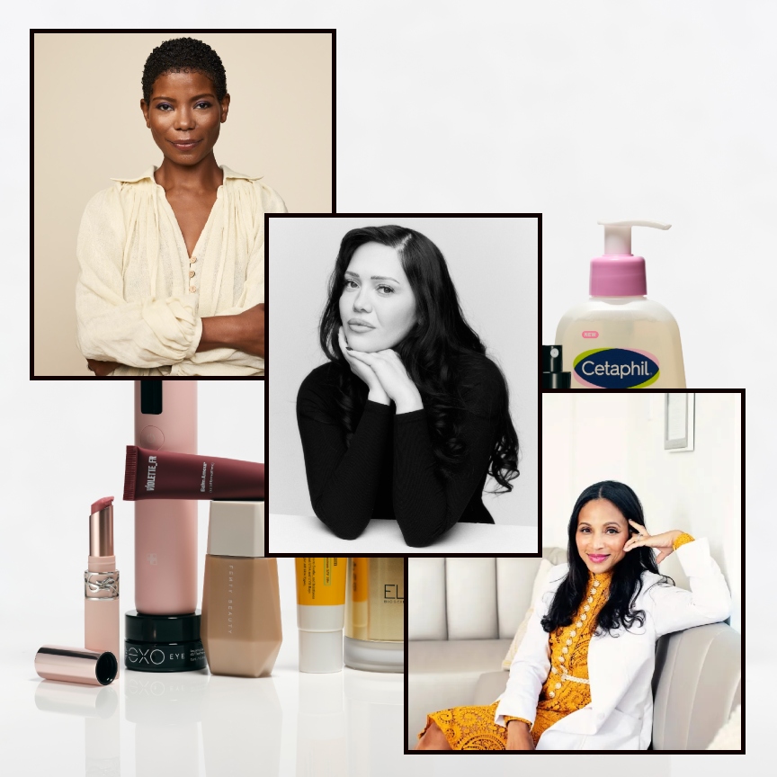 a collage of beauty products shot on a white background with three headshots of women in the foreground