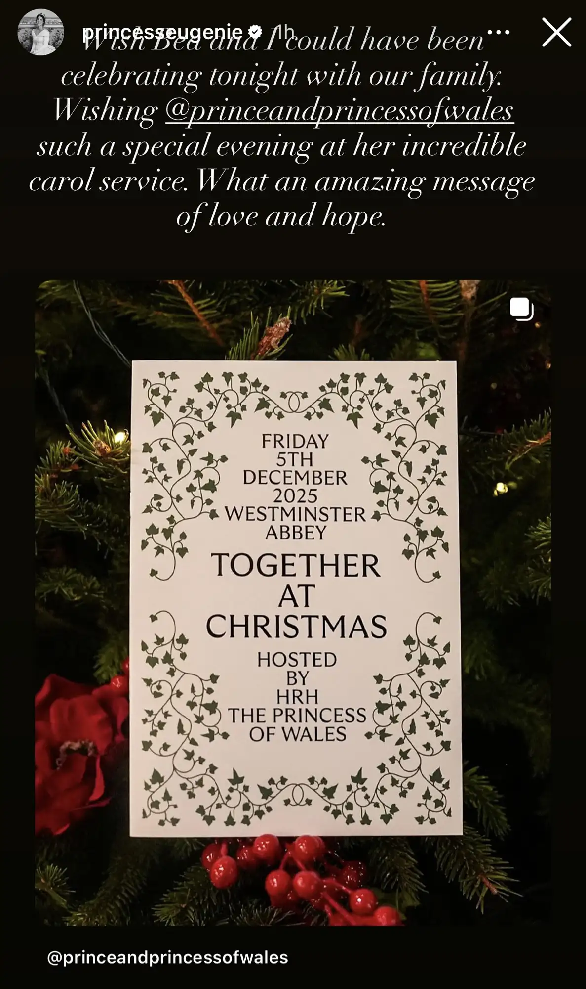 Princess Eugenie shared an Instagram Story about missing Kate Middleton&#039;s annual Christmas carol concert in 2025