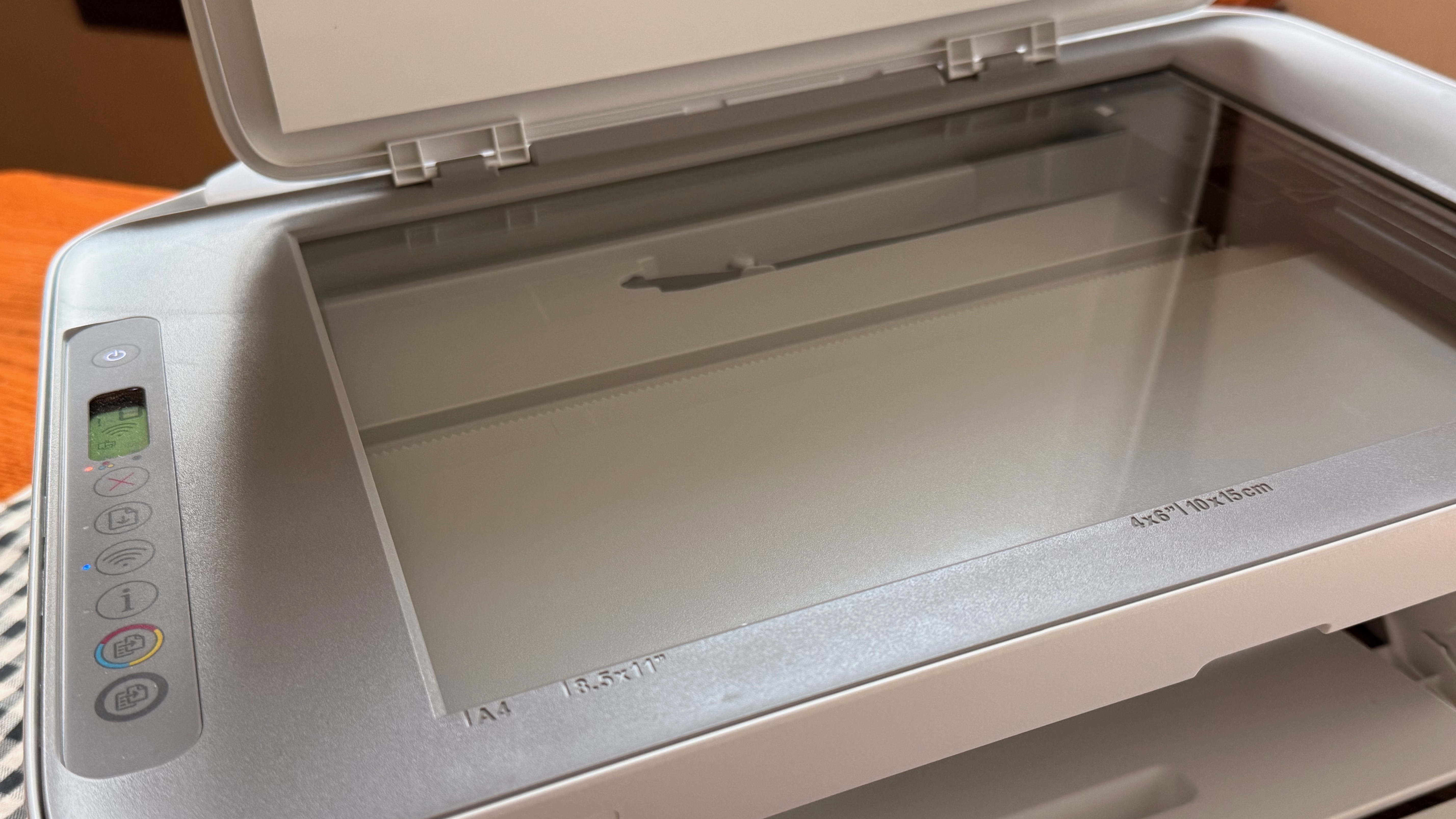 HP DeskJet 2855e with the scanner open