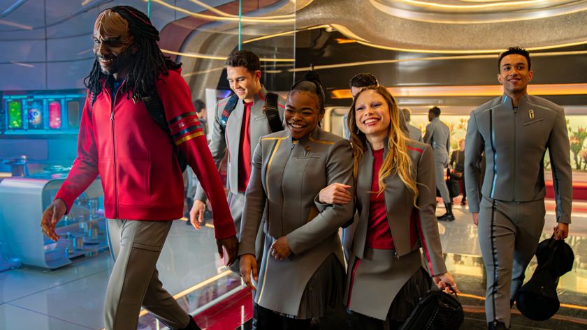L-R, Karim Dian&eacute; as Jay-Den Kraag, George Hawkins as Darem Reymi, Kerrice Brooks as Sam, Bella Shepard as Genesis Lythe and Sandro Rosta as Caleb Mir in season 1, episode 5 of Star Trek: Starfleet Academy streaming on Paramount+. Photo Credit: John Medland/Paramount+