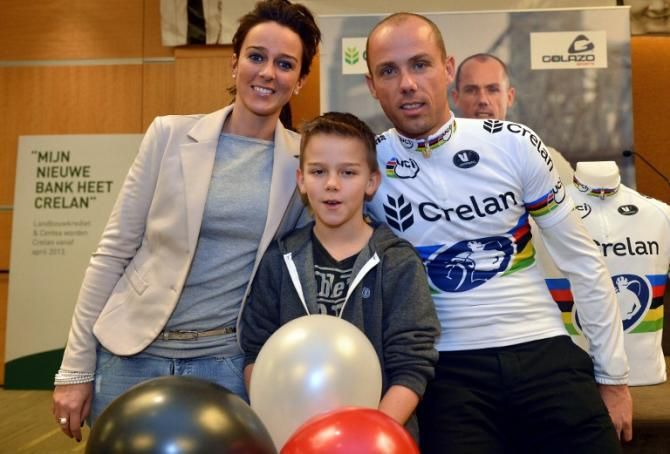 Sven Nys and family at a press conference in Belgium after Nys won the second elite 'cross world championship of his career in February, 2013