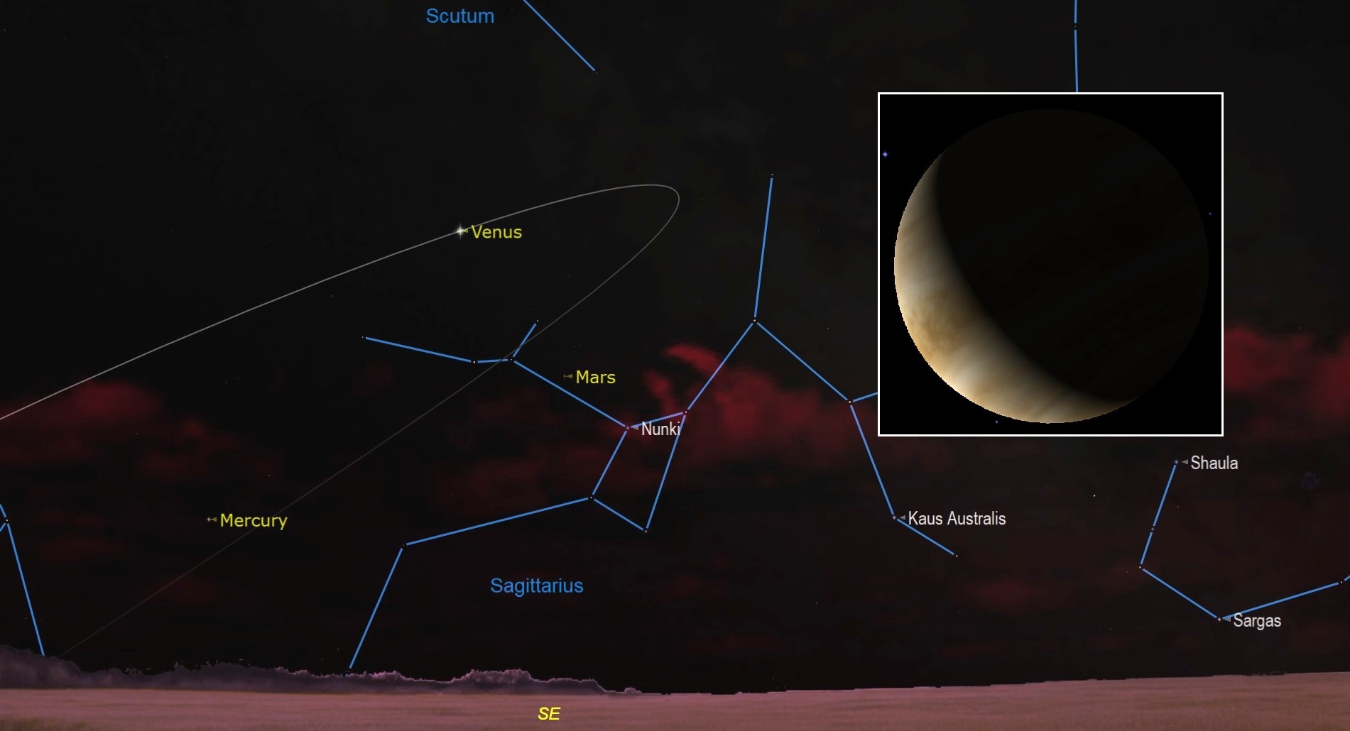 On Saturday, Feb. 12, Venus will reach its greatest illuminated extent for the current morning apparition. In a telescope, the planet will show a 26%-illuminated, waxing crescent phase and an apparent disk size of 41 arc-seconds.