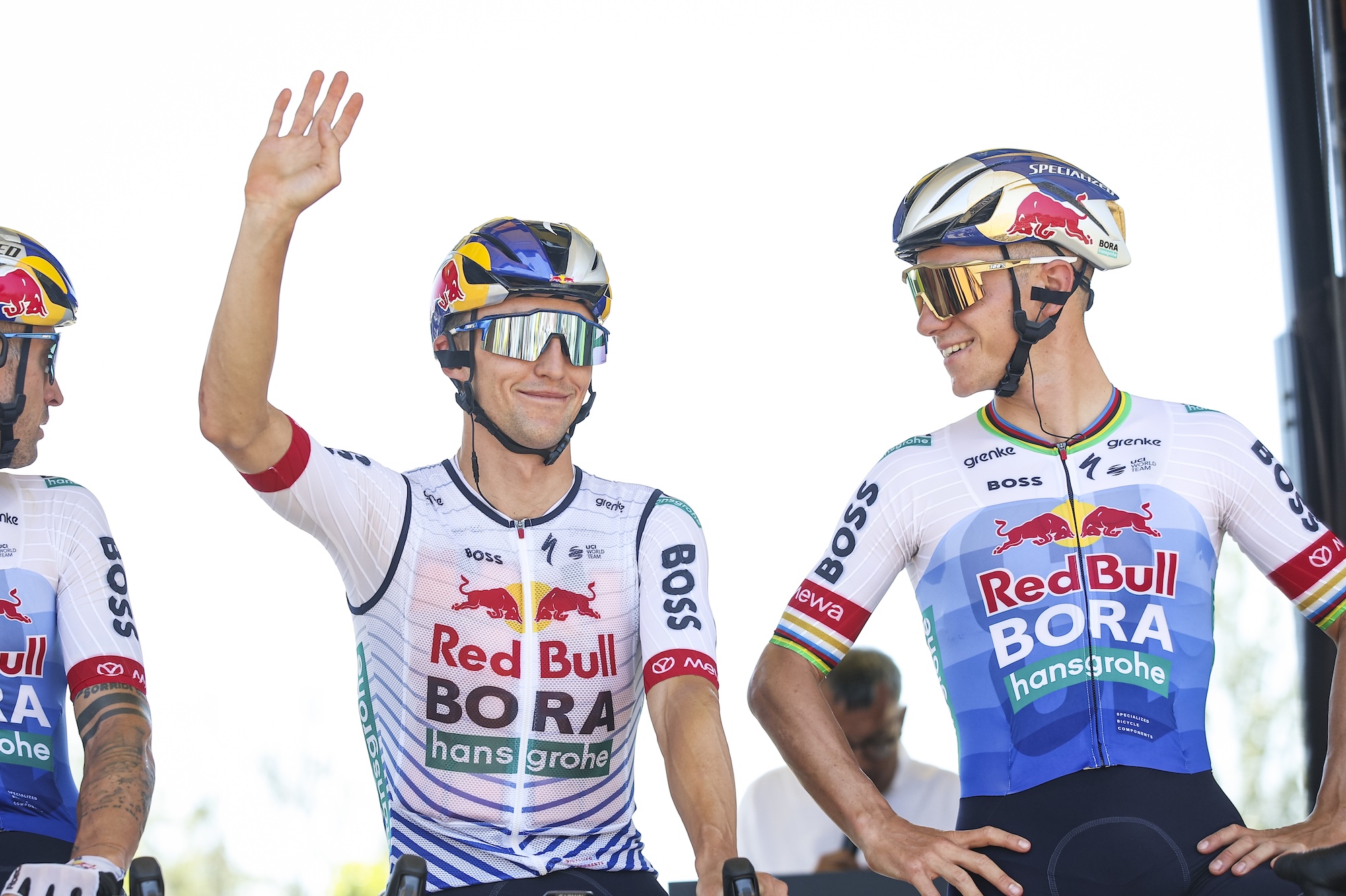 Remco Evenepoel of Belgium and Jai Hindley of Australia, both from Red Bull - BORA - Hansgrohe, compete during Stage 2 of the Tour de France 2026, from Tarragona to Barcelona, covering 168.5 km, as part of the UCI World Tour cycling event on July 5, 2026, in Tarragona, Spain. (Photo by Gongora/NurPhoto via Getty Images)