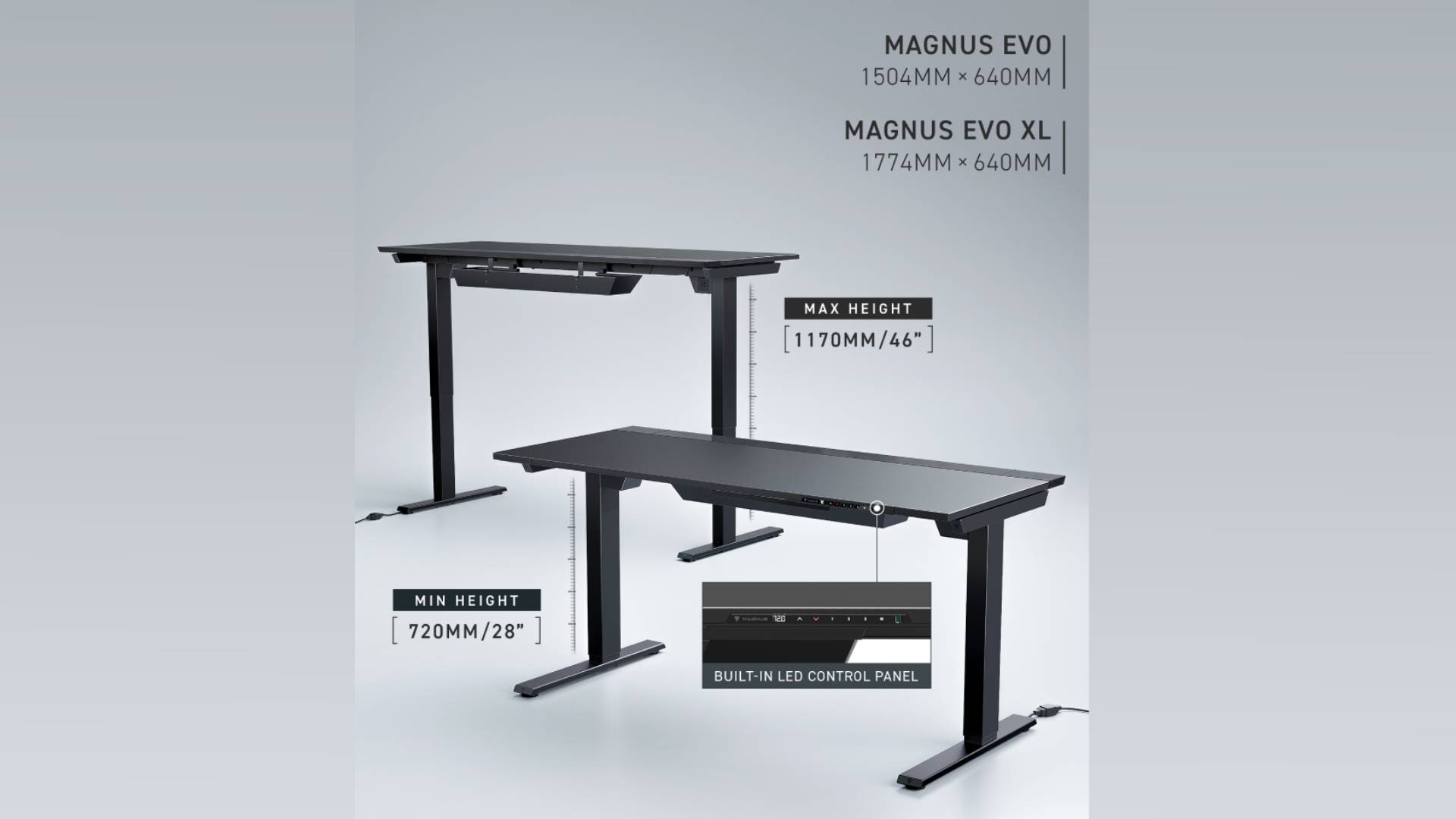Secretlab Magnus Evol desks with grey tone backdrop and size information.