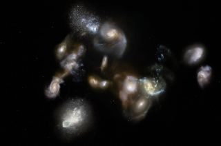 This artist's impression of SPT2349-56 shows a group of interacting and merging galaxies in the early universe.