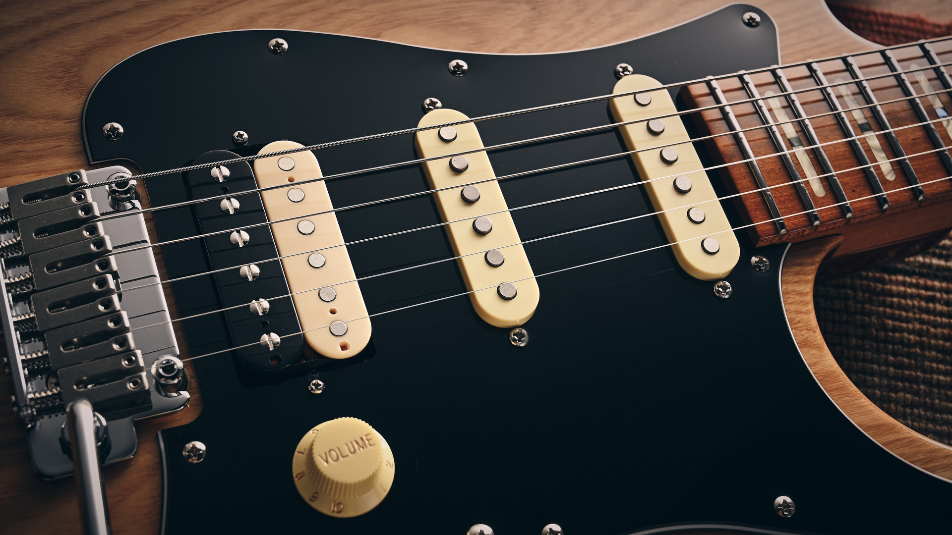 Close up of the pickups on the Sire Larry Carlton S7 Ash Top electric guitar