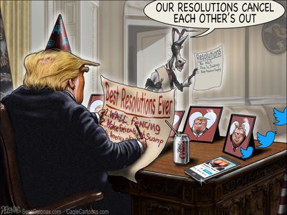 Political cartoon U.S. Trump democrats house new years resolutions