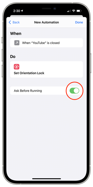 Screenshot showing Ask Before Running turned on