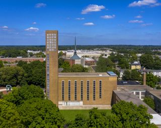 aerial exterior of First Christian Church in Indiana