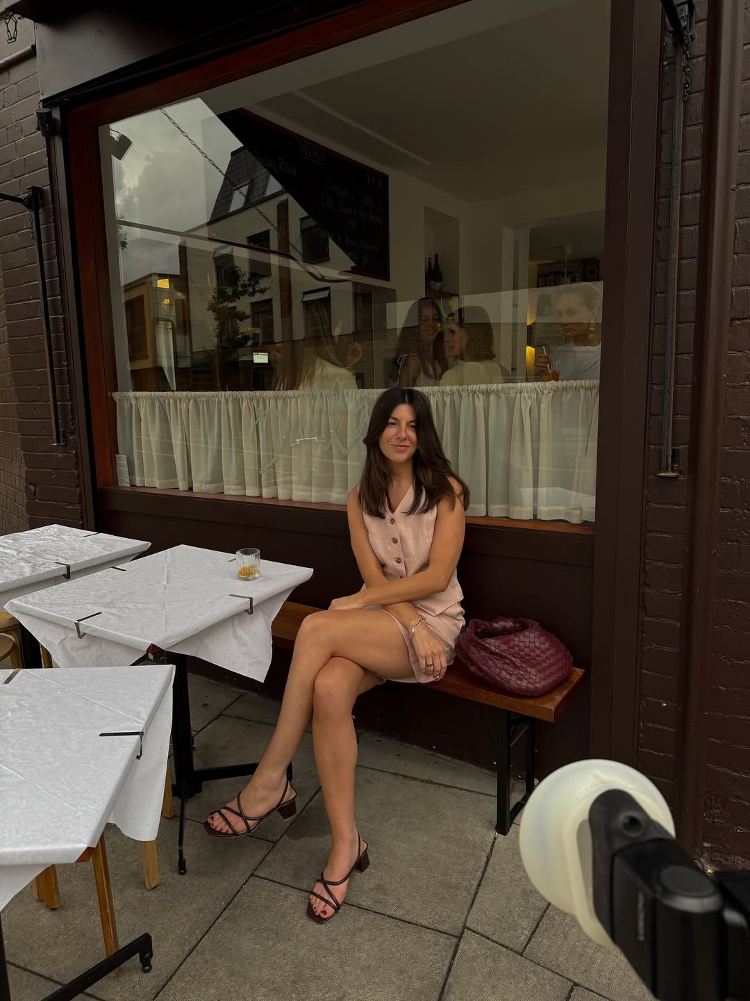 @francescasaffari wears a pink waistcoat, matching shorts and heeled sandals