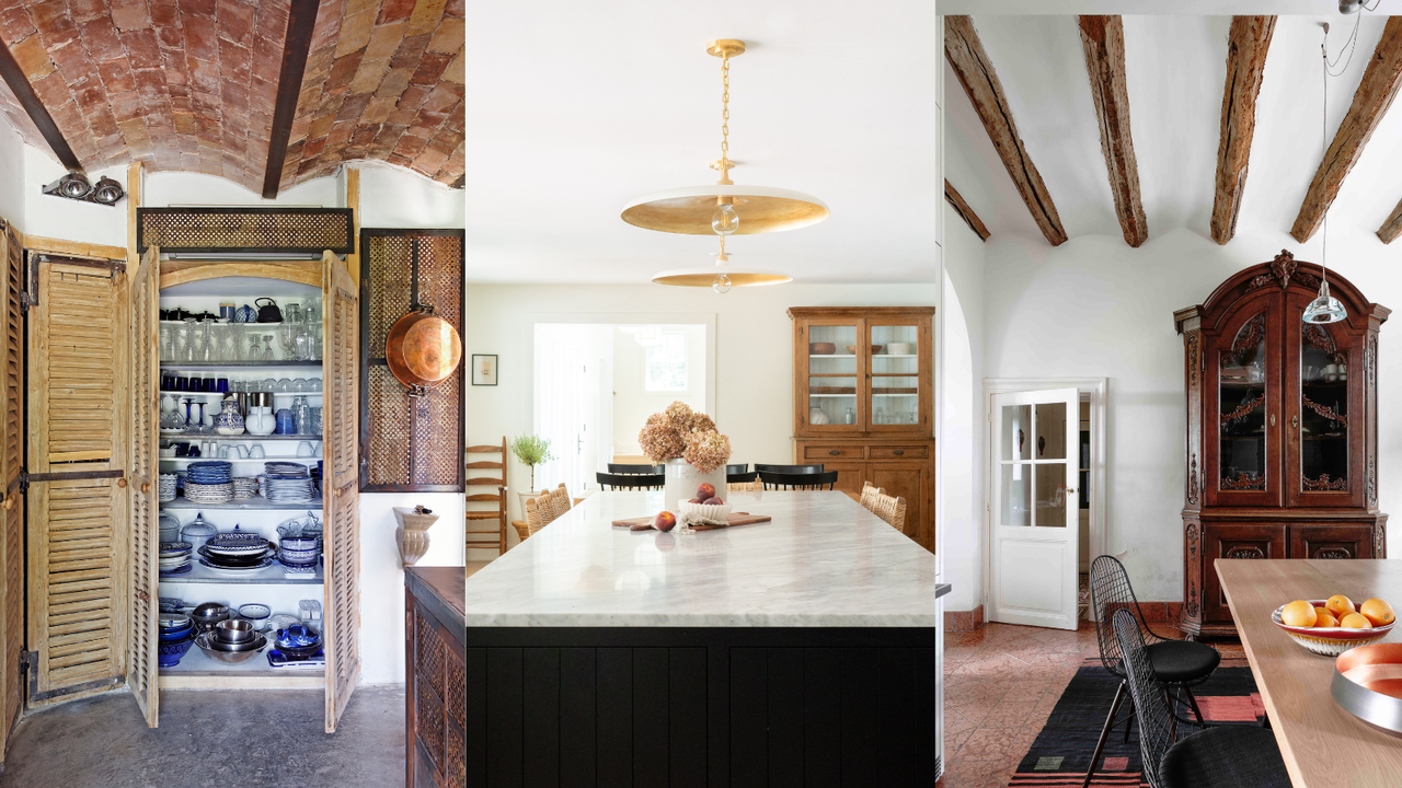 trio of three modern cottage interiors with pantry kitchen island and dining room with imposing armoire.png