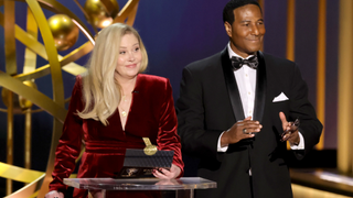 Christina Applegate (L) speaks speaks onstage during the 75th Primetime Emmy Awards at Peacock Theater on January 15, 2024 in Los Angeles, California.