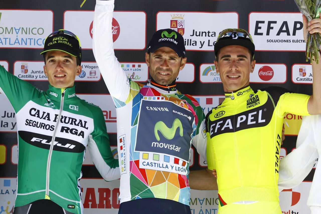 The 2016 Vuelta a Castilla y Leon podium: Pello Bilbao (Caja Rural-Seguros RGA), Alejandro Valverde (Movistar) and J&oacute;ni Silva Brand&atilde;o (Efapel)