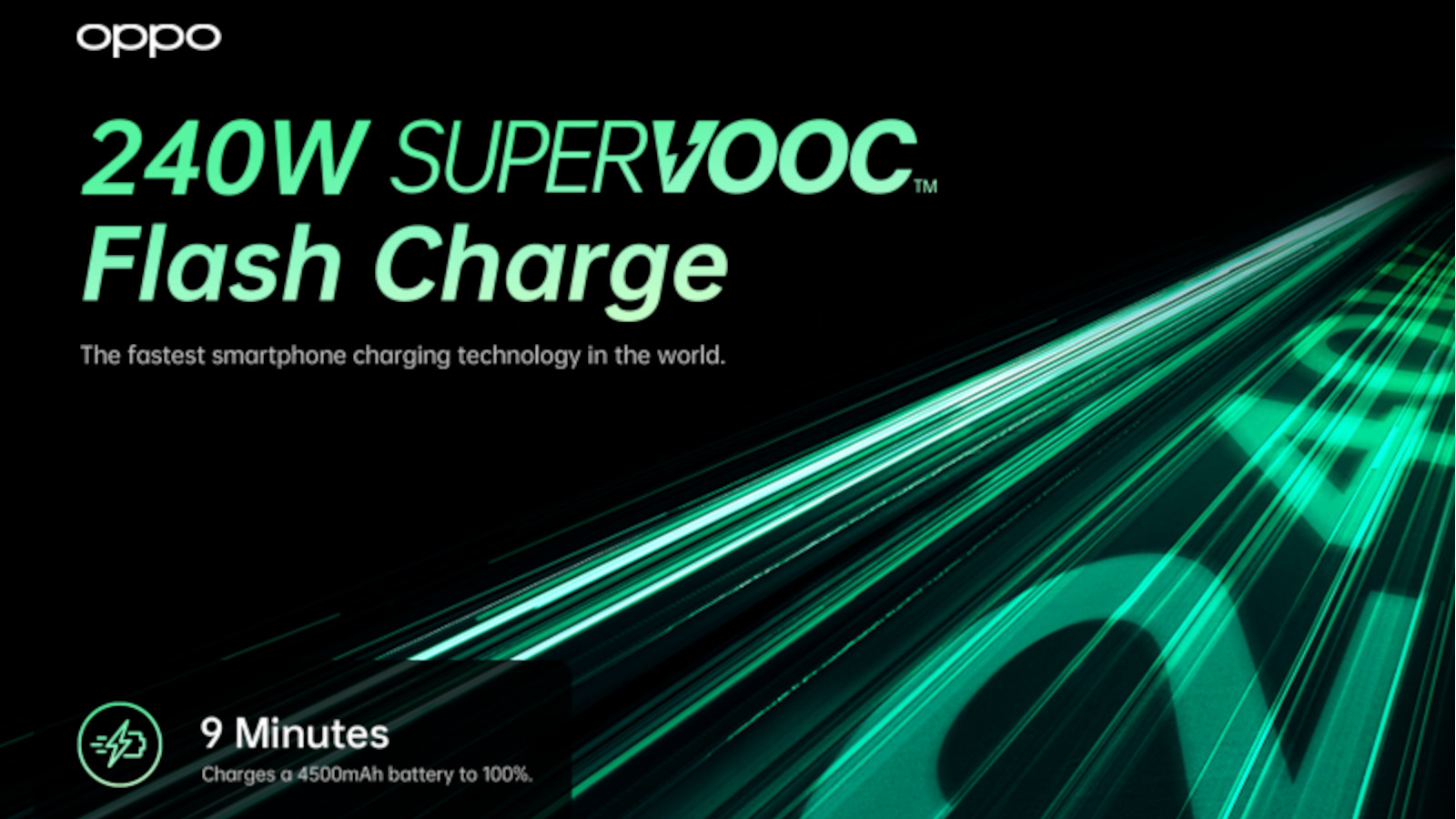 A graphic explaining Oppo's 240W superVOOC charging, including the claim of a 100% battery charge in nine minutes