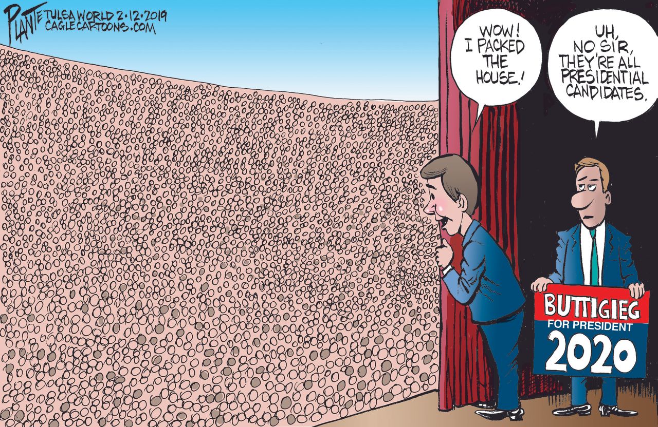 Political Cartoon U.S. Buttigieg Democratic 2020 candidates Trump rally