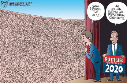 Political Cartoon U.S. Buttigieg Democratic 2020 candidates Trump rally