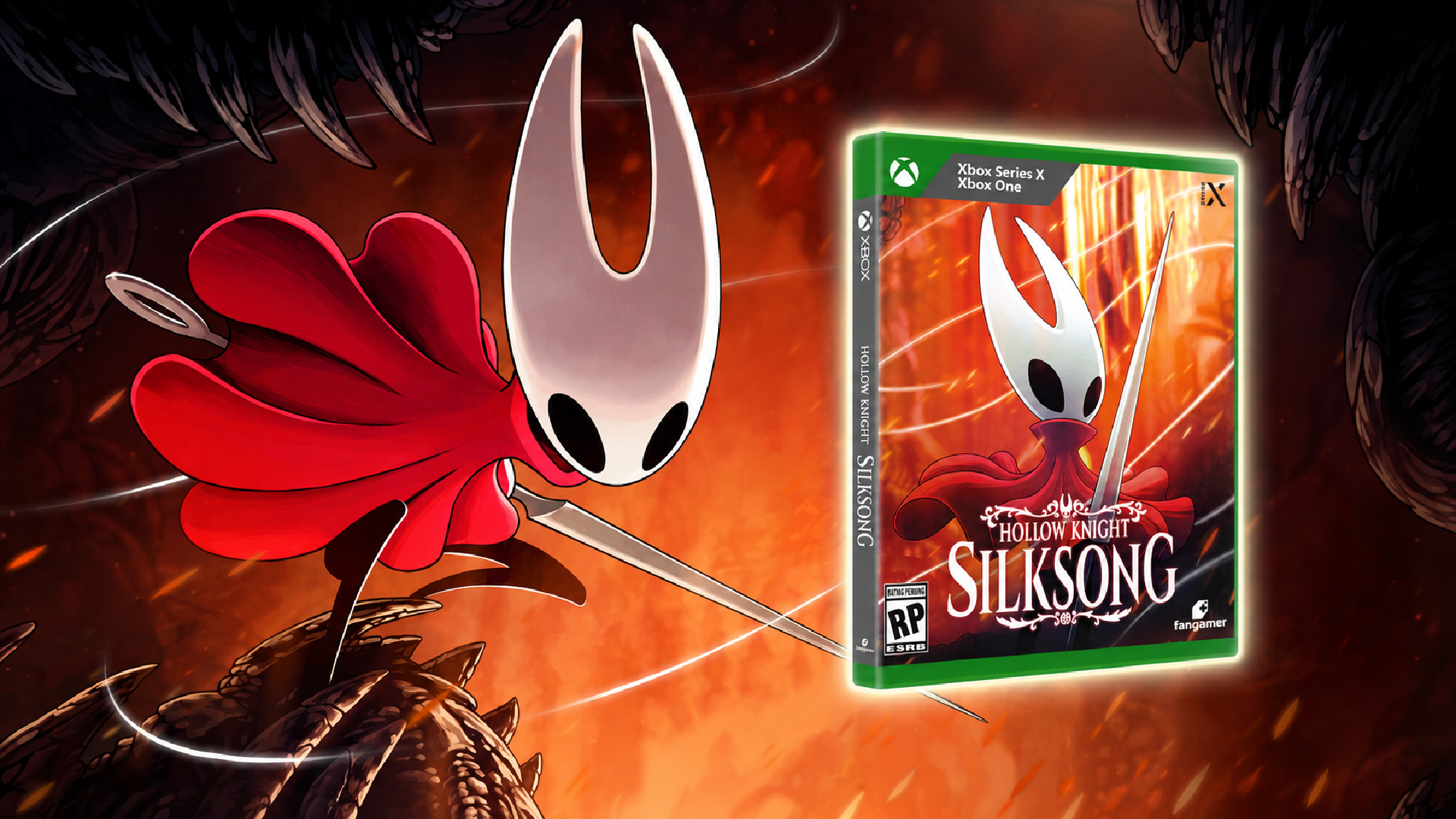 Hollow Knight: Silksong protagonist Hornet stands against a fiery backdrop beside a glowing Xbox physical edition game case.