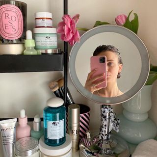 Makeup mirror on a vanity