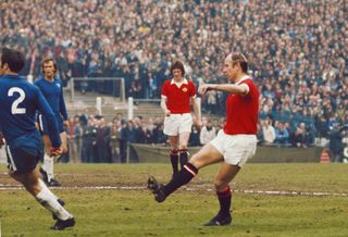 Bobby Charlton in action for Manchester United against Chelsea on his final appearance for the Red Devils in April 1973.