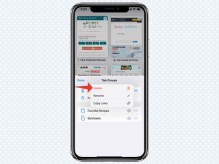 A red arrow points at Delete in the Tab Groups menu in Safari in iOS 15