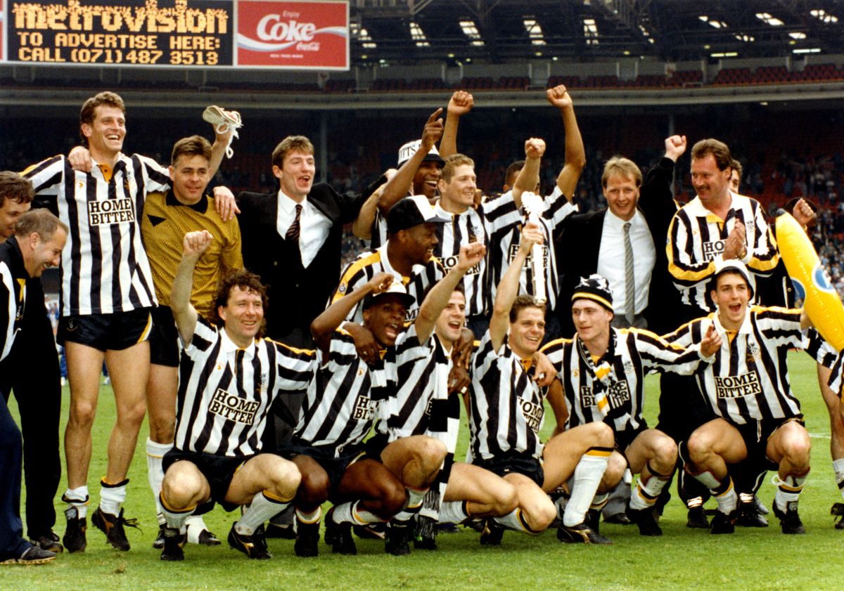 Notts County celebrate gaining promotion to the First Division after winning the 1991 Second Division play-off final against Brighton &amp; Hove Albion at Wembley