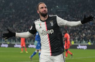 Gonzalo Higuain celebrates a goal for Juventus against Udinese in January 2020.
