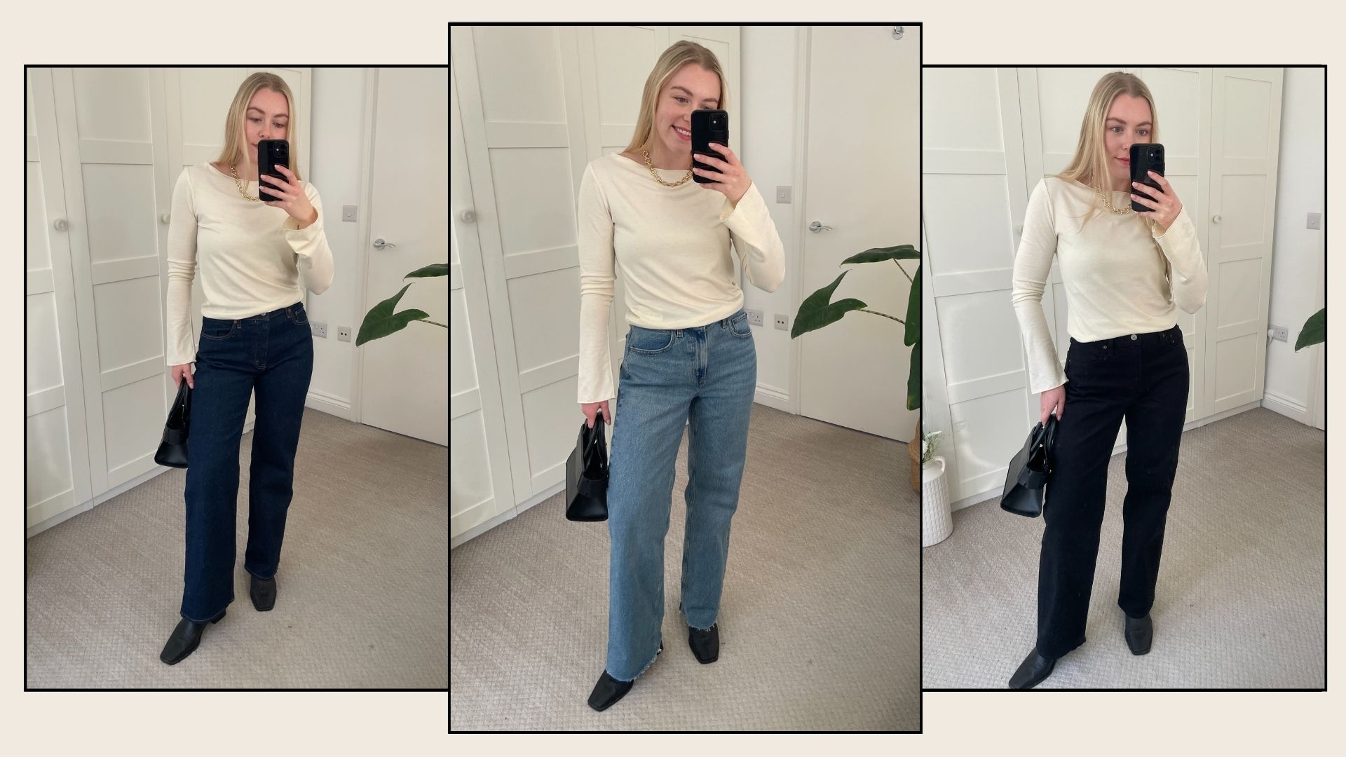 Woman wears three pairs of jeans with yellow top and black boots