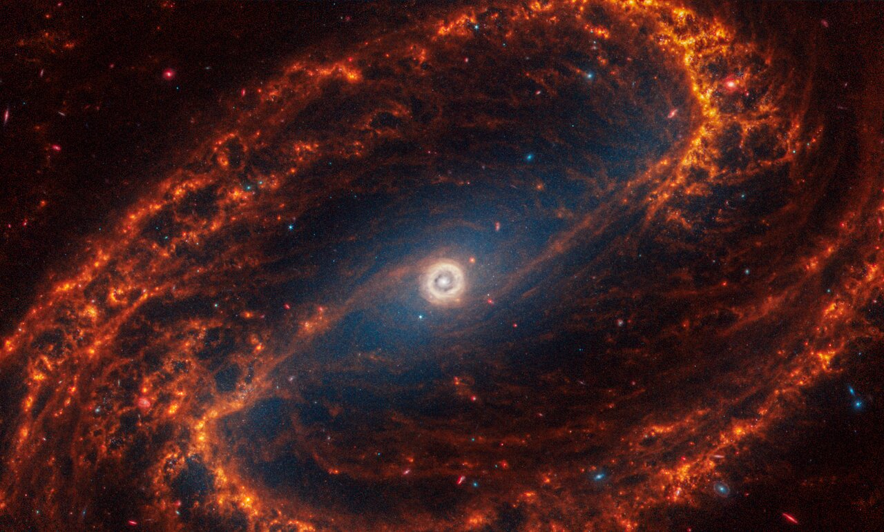 La galaxia espiral barrada NGC 1300 con estrellas rojas infantiles vistas al final de las franjas de polvo anaranjado