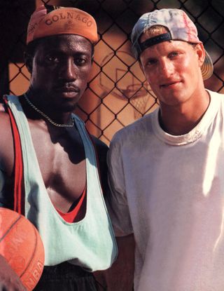 wesley snipes and woody harrelson pose in a promotional shot for white men can't jump