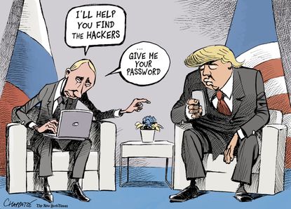Political cartoon U.S. Trump Putin Russia investigation G20 summit election meddling hacks