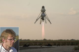 Video game developer John Carmack and one of the rocket vehicles developed by his group Armadillo Aerospace.