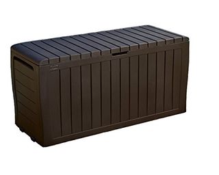 Keter Marvel Plus 71 Gallon Resin Deck Box-Organization and Storage for Patio Furniture Outdoor Cushions, Throw Pillows, Garden Tools and Pool Toys, Brown